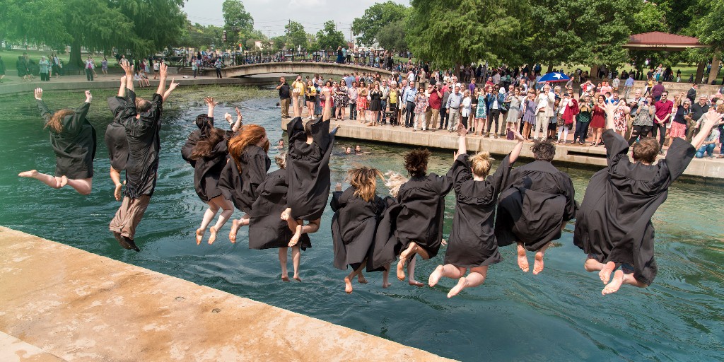 txst's tweet photo. Get ready #TXST - our favorite tradition is about to begin! It’s almost time for the post-graduation river jump for #TXST23! https://t.co/J5fxs3v0bg