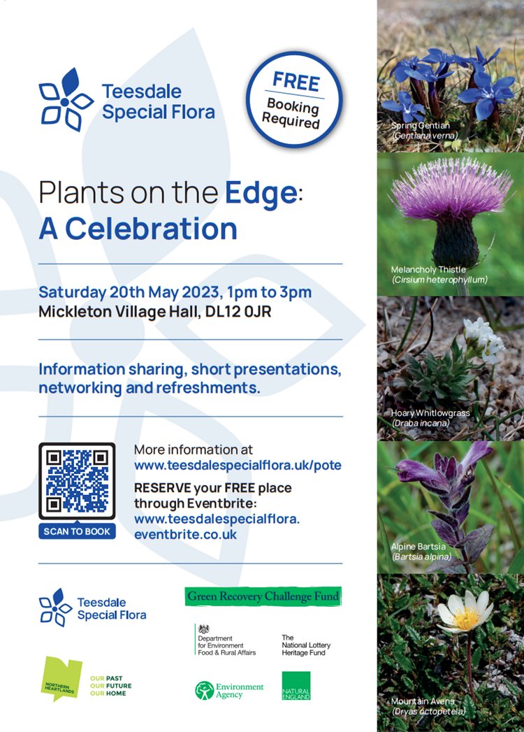TeesdaleFlora's tweet photo. Saturday 20th May 
@MickletonVH
1 to 3pm 
Plants on the Edge: A Celebration 
Hear about what has being going on to protect the special flora of Upper #Teesdale 
Everyone invited 
Refreshments 
Free but booking needed at https://t.co/U2ZQ32fXx2 or the QR code https://t.co/1m94wGUNaY