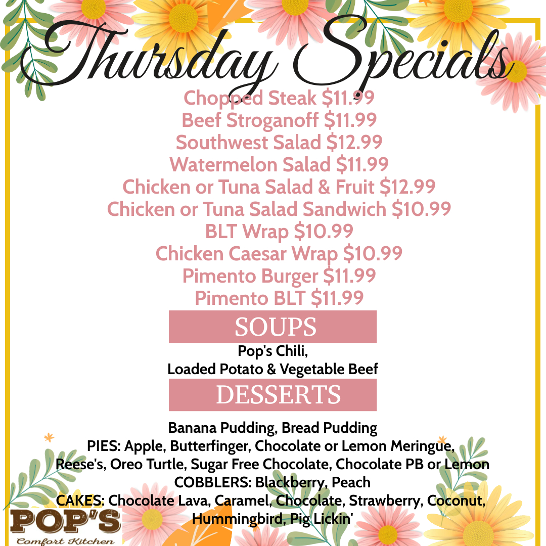 Check out Today's Specials!

#thursdayspecials #choppedsteak #wraps #sandwiches #salads #catfish #burgers #steaks #comfortfodo #homecooking #901eats #memphiseats #ediblememphis #ilovememphisblog #ilovememphisfood

 PopsComfortKitchen.com