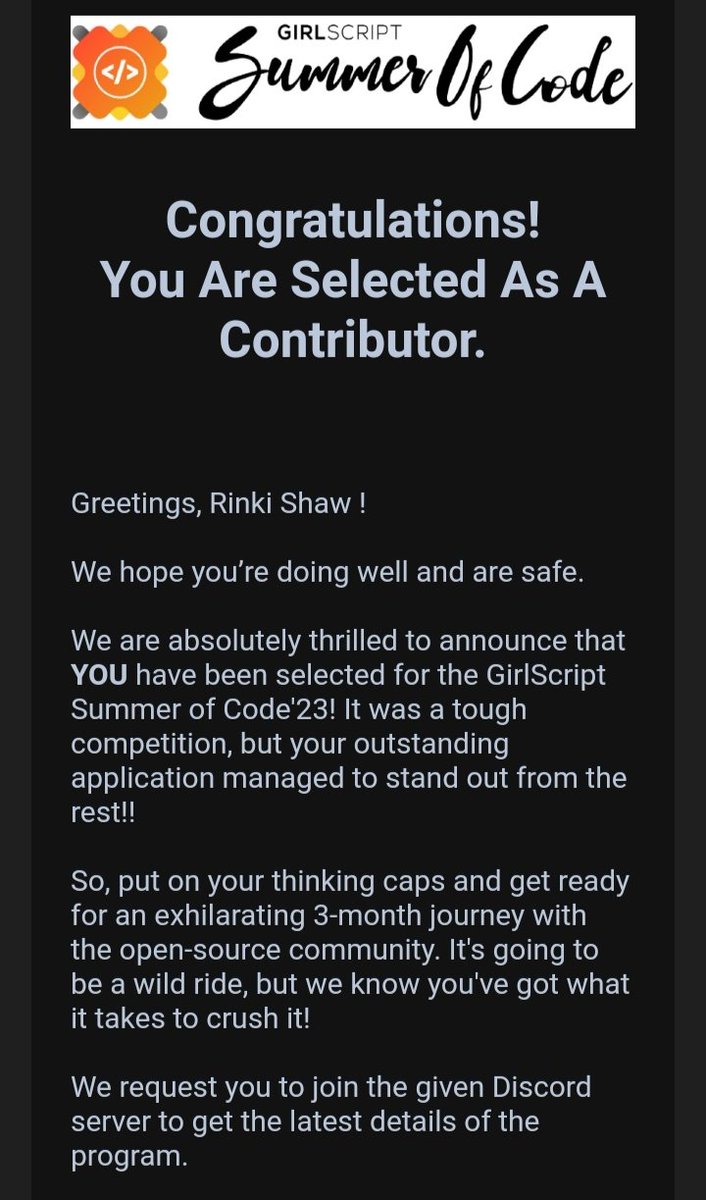 RinkiSh90922853's tweet image. I&apos;m thrilled to announce that I&apos;ve been selected as a contributor for #girlscriptsoc &apos;23 🥳🥳