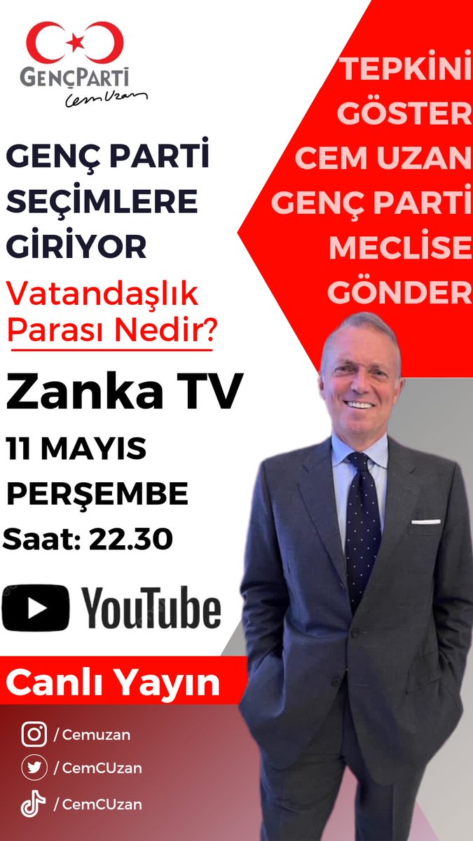 14 MAYIS. CEM UZAN GENÇ PARTİ OY VER. 29 EKİMDE 10.000 € VATANDAŞLIK PARASINI AL. #cemuzan #gençparti #seçim2023 #vatandaşlıkparası #tepkinigöstergençpartiyeoyver #deprem #hitech