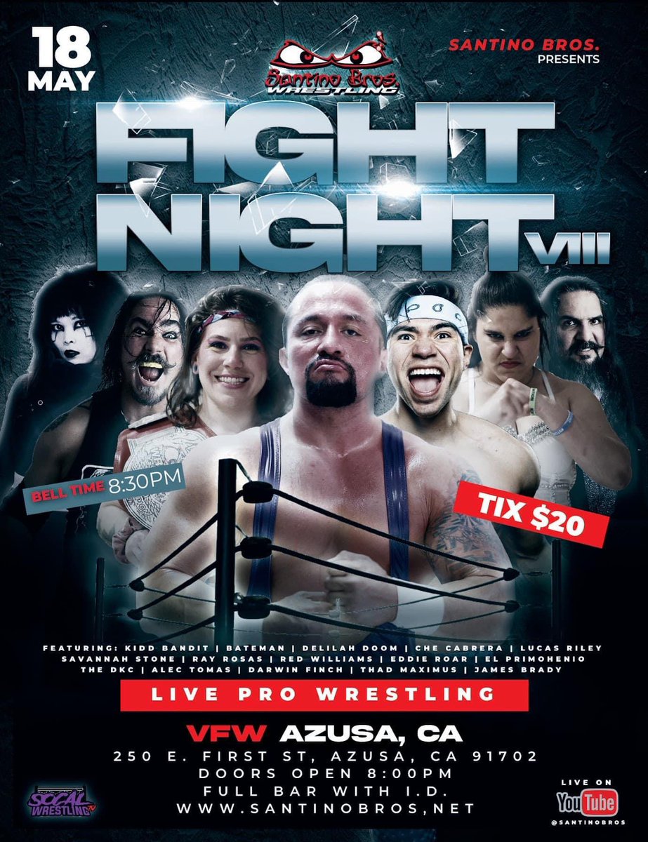 In one week! Santino Bros action returns to Azusa with Fight Night 8! Two huge title matches plus a ton of other fantastic matches you won’t wanna miss so get your tickets now! eventbrite.com/e/santino-bros…