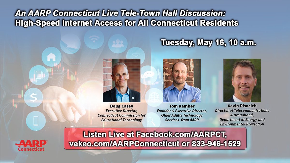 CTDEEPNews's tweet photo. Thrilled to join our @ConnDAS partners and the @AARP to talk about the State’s efforts to design and implement a Digital Equity Plan that ensures all residents have the ability to utilize technology to best effect in their lives.   
Register: https://t.co/O47R7dSNmS https://t.co/JYPKDSXC0s