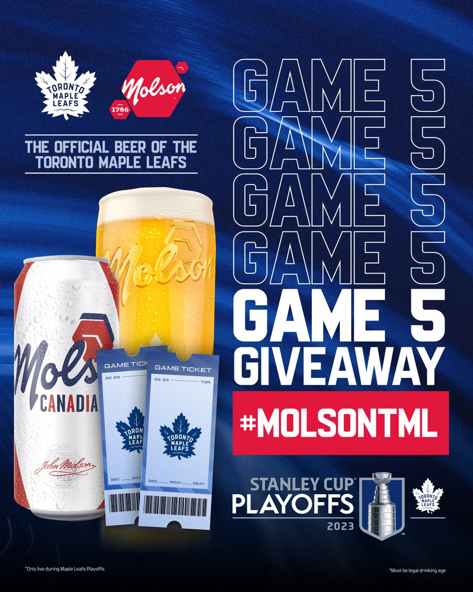 MapleLeafs's tweet photo. There's Leafs tickets AND a Molson with your name on it!! 

Share a photo of how you support the Leafs during playoffs with a Molson using #MolsonTML and tag @Molson_Canadian for your chance to win a pair of tickets to Game 5. https://t.co/wfeYPeRgRA