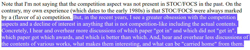 Oded Goldreich is a role model. Beyond being a brilliant researcher, he's an eloquent &amp; thoughtful writer, and admirably zen in escaping the cycle of validation. 

Sharing his essay on top theory confs, highlighting a quote. From 2009, but still hits home. wisdom.weizmann.ac.il/~oded/on-stocf…