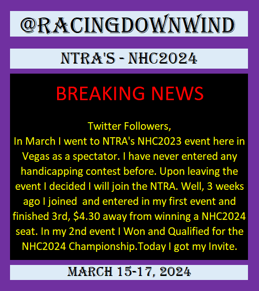 RacingDownWind's tweet image. .
Todays I received an Email from the @NTRA #NHC #NHC2024. 

(Congratulations on your qualification to NHC2024!)

Wish me Luck ! 

#HorseRacing @TVG @TwinSpires @WatchXBTV
