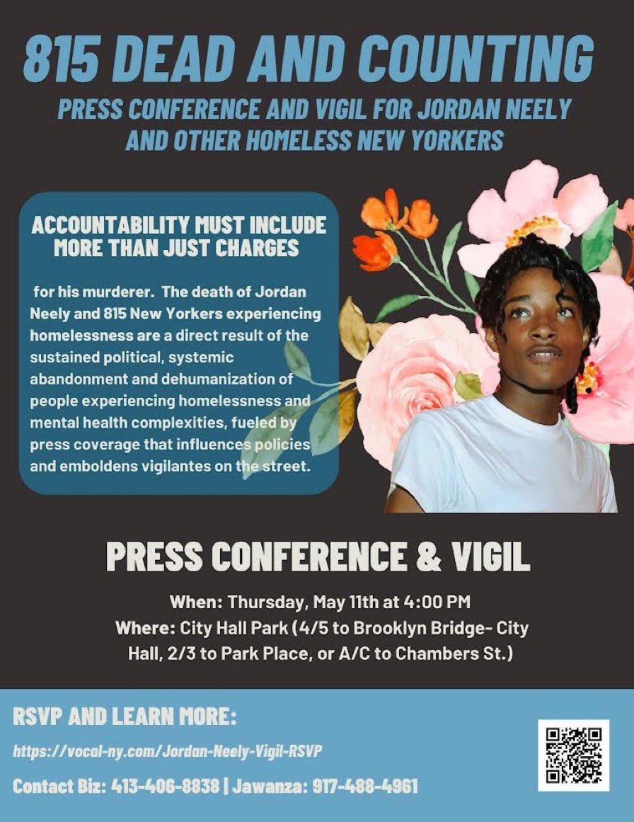 TODAY at 4:00! Join us at City Hall Park (Murray St & Broadway) RSVP: vocal-ny.com/Jordan-Neely-V… #JordanNeely #815AndCounting #EndHomelessness