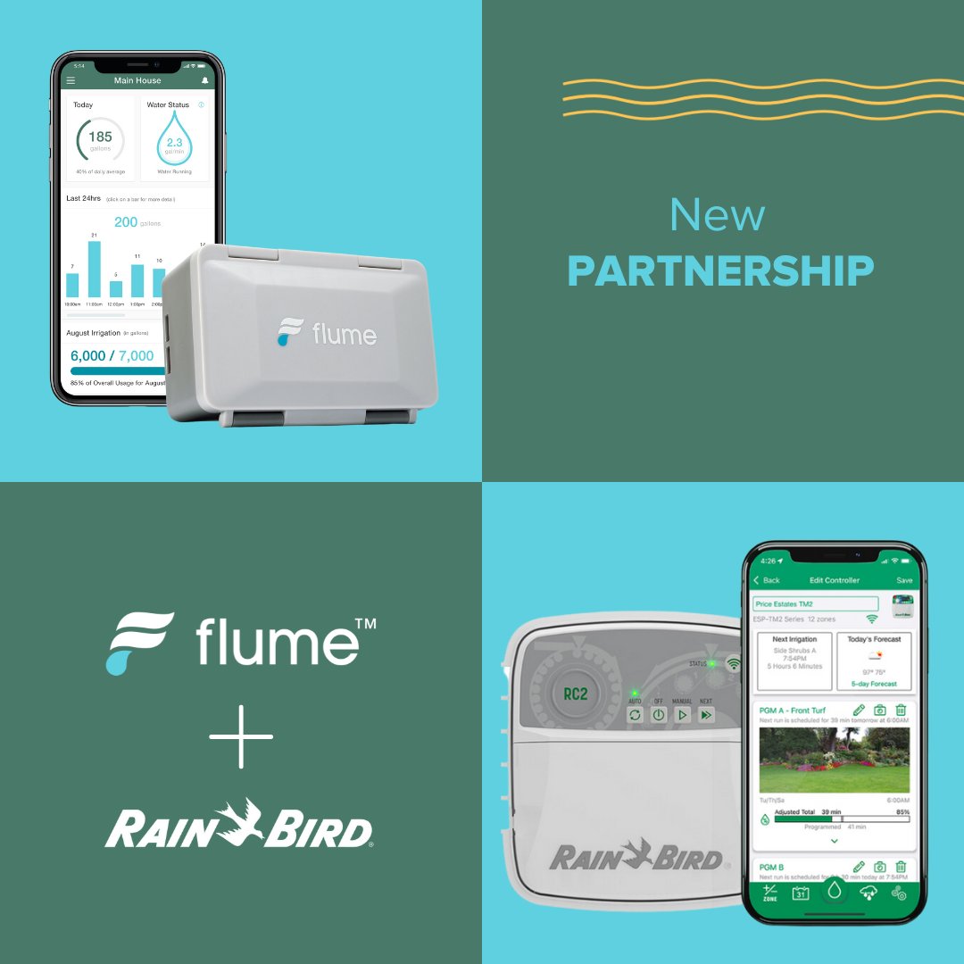 Introducing the ultimate partnership for saving water! Flume and Rain Bird have teamed up to bring you a brand new way to see (and save) your water. Stay tuned as we share new updates and integrations between Flume and Rain Bird! #FlumeWater #RainBird #WaterMonitoring
