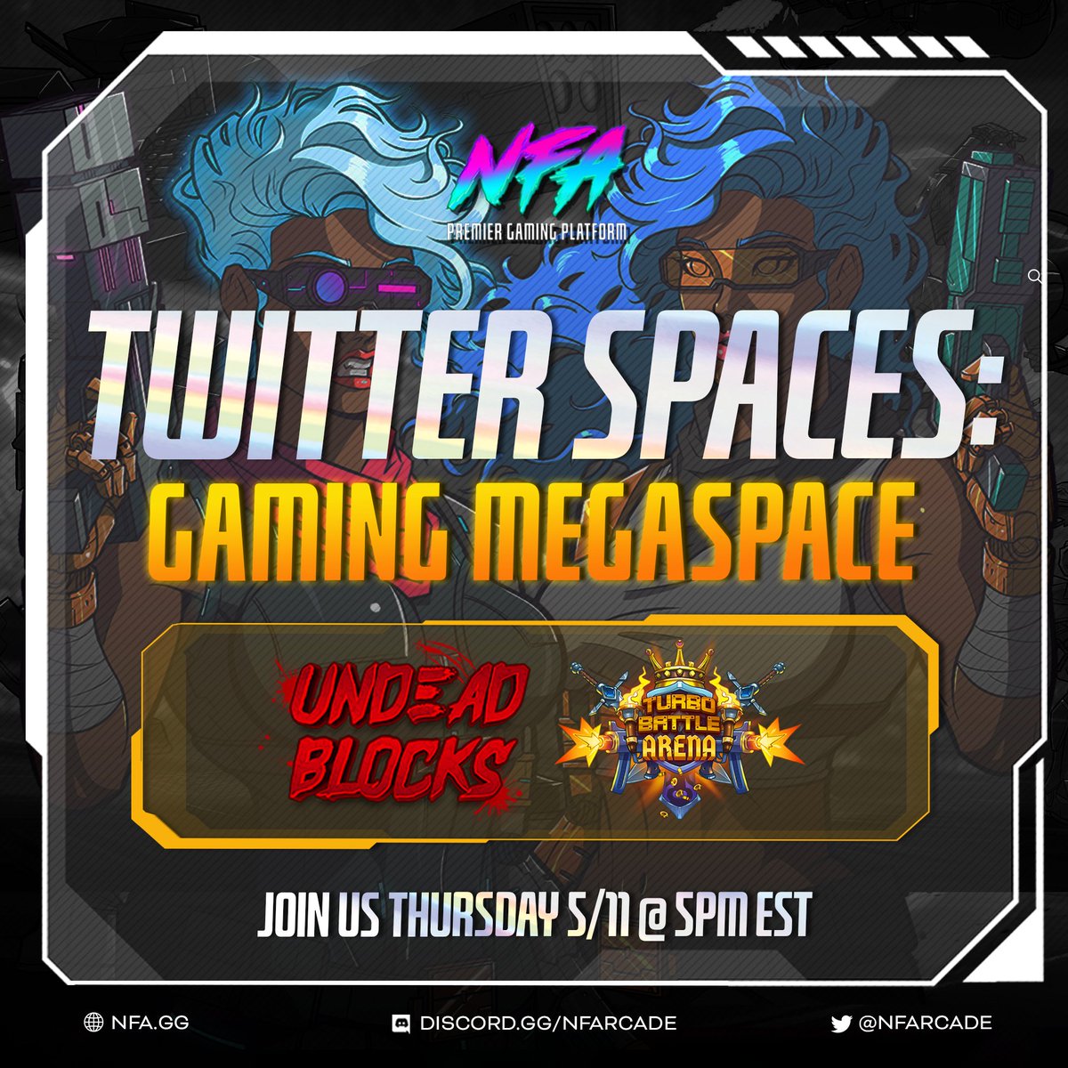 NFArcade's tweet photo. Today, we're talking shop with guests @UndeadBlocks &amp; @TurboArena  👇

How 99.37% of "games" are doing it wrong 😲
Are we in the golden age of gaming? 🏆
Web3 = Making things better? Or worse? 🤔

It's going down 👉Thursday, May 11th @ 5pm EST https://t.co/cmJpqZrpSW