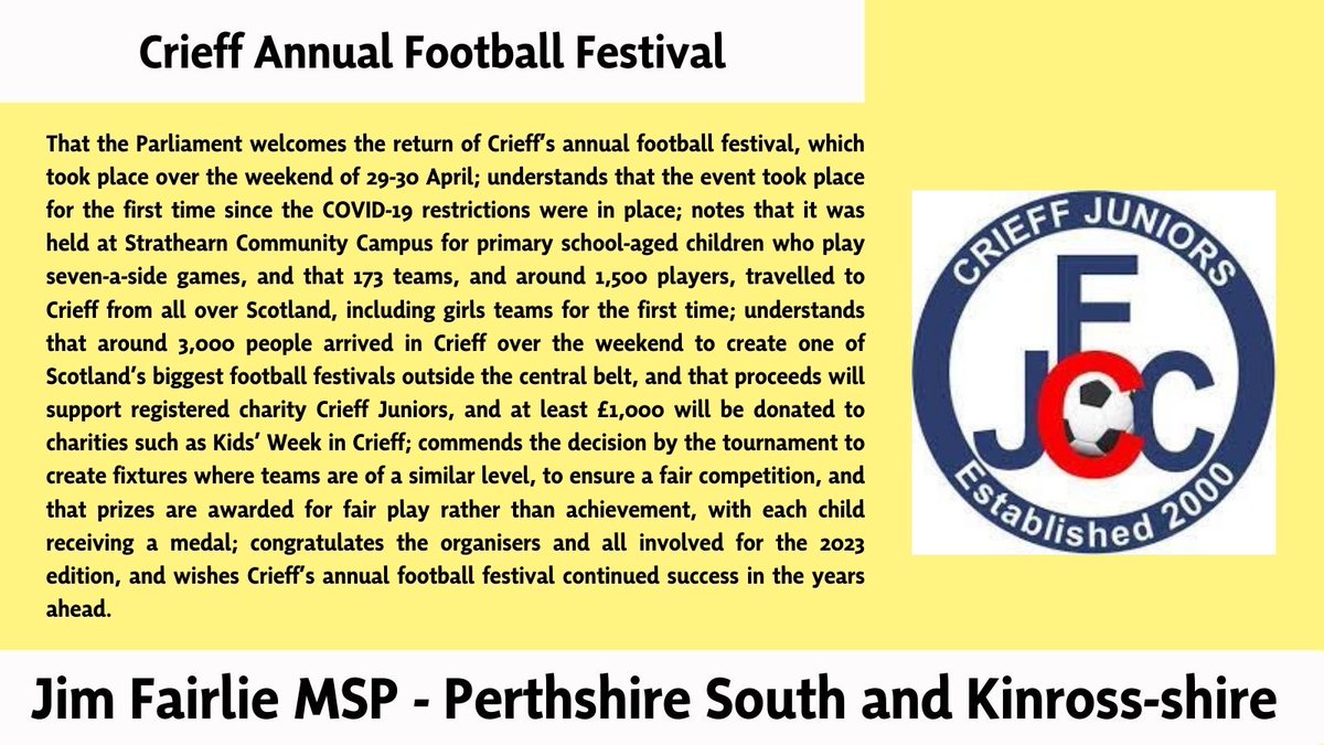 Jim Fairlie MSP SNP (@jimfairlielogie) on Twitter photo It's excellent that Crieff's Annual Football Festival was back on the calendar this year for the first time since Covid restrictions. The event brings teams from all over the country to <a href="/StrathearnCC/">Strathearn Campus</a> and raised substantial funds for <a href="/CrieffJuniorsFC/">Crieff Juniors FC</a> and local charity groups It's excellent that Crieff's Annual Football Festival was back on the calendar this year for the first time since Covid restrictions. The event brings teams from all over the country to <a href="/StrathearnCC/">Strathearn Campus</a> and raised substantial funds for <a href="/CrieffJuniorsFC/">Crieff Juniors FC</a> and local charity groups