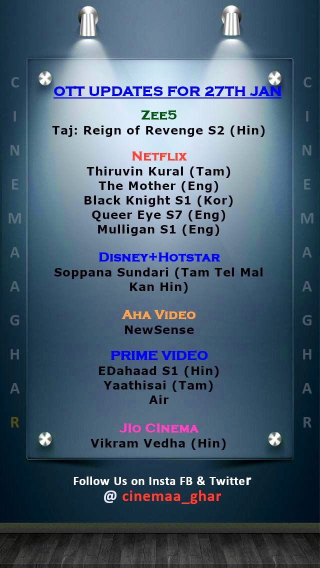 OTT Updates for 12th May

ZEE5
#TajReignofRevenge S2 (Hin)

PrimeVideo
#Dahaad S1 (Hin)
#Yaathisai (Tam)
#Air

Disney+Hotstar
#SoppanaSundari (Tam Tel Mal Kan Hin)

Aha 
#NewSense

Jio Cinema
#VikramVedha (Hin)

SonyLiv
#TriangleofSadness(Eng)