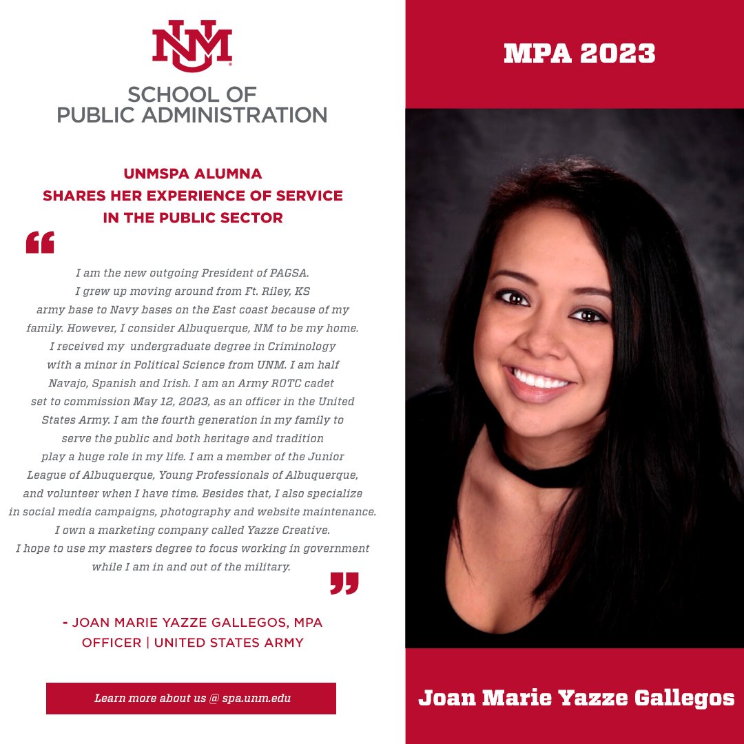 In observance of Public Service Recognition week we spotlight #UNMSPA MPA student, Joan Marie Yazze Gallegos. Thank you for your commitment to #publicservice 
#MPA #WeAreSPA