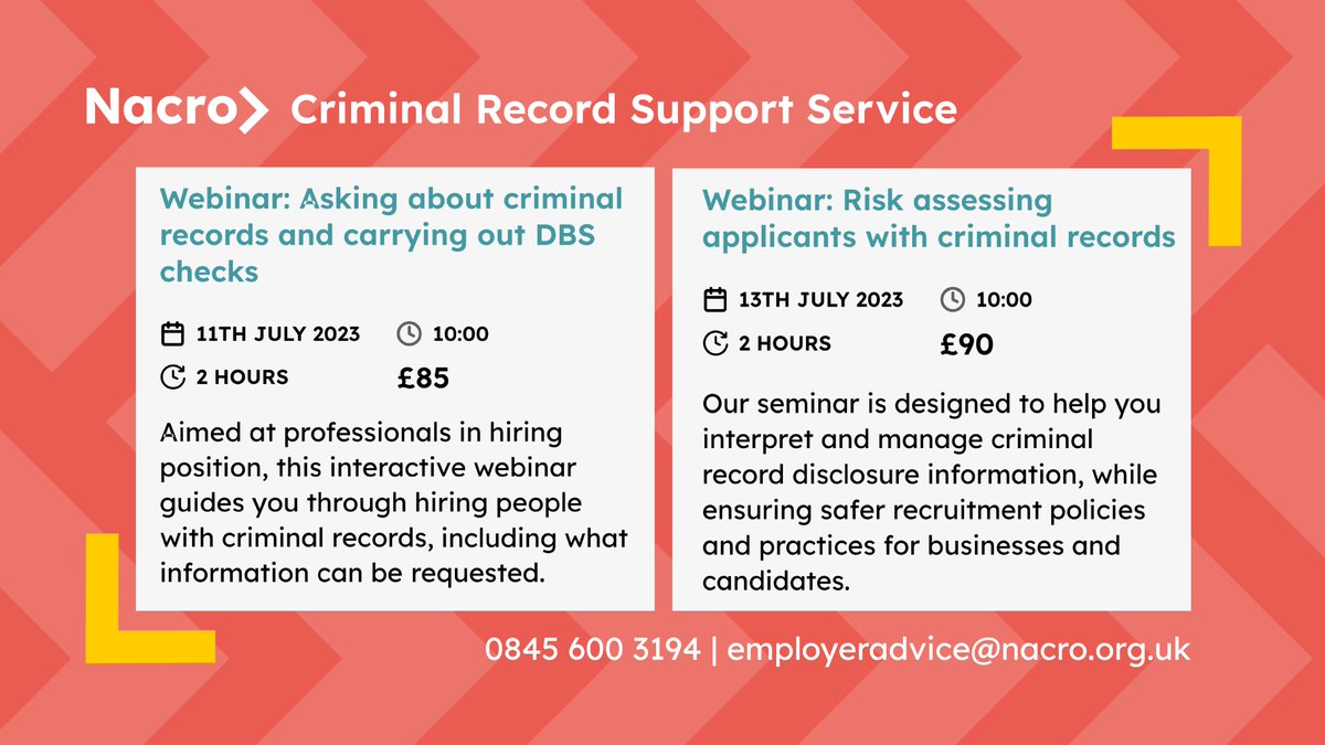 💻 CALLING EMPLOYERS! Our webinars will help you:
💼 hire people with #criminalrecords
🤝 implement safer #recruitment policies and practices
🗃️ manage criminal record #disclosure information
🔍 carry out effective #riskassessments on applicants

Book now: nacro.org.uk/nacro-services…