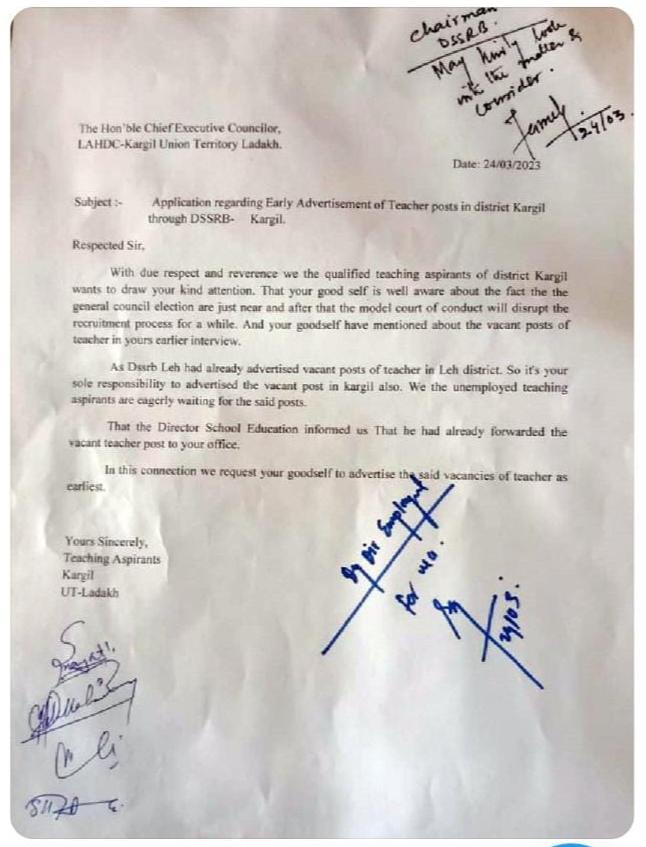 Despite repeated assurances the administration has failed to advertise the teacher posts for the candidates with CTET Eligibility criteria.
I requested the authorities to address the issue as soon as possible.
<a href="/LG_Ladakh/">LG Ladakh</a>. <a href="/FerozKhan_Kgl/">Feroz Ahmed Khan</a>
<a href="/SantoshSukhdeve/">Santosh Sukhadeve</a>