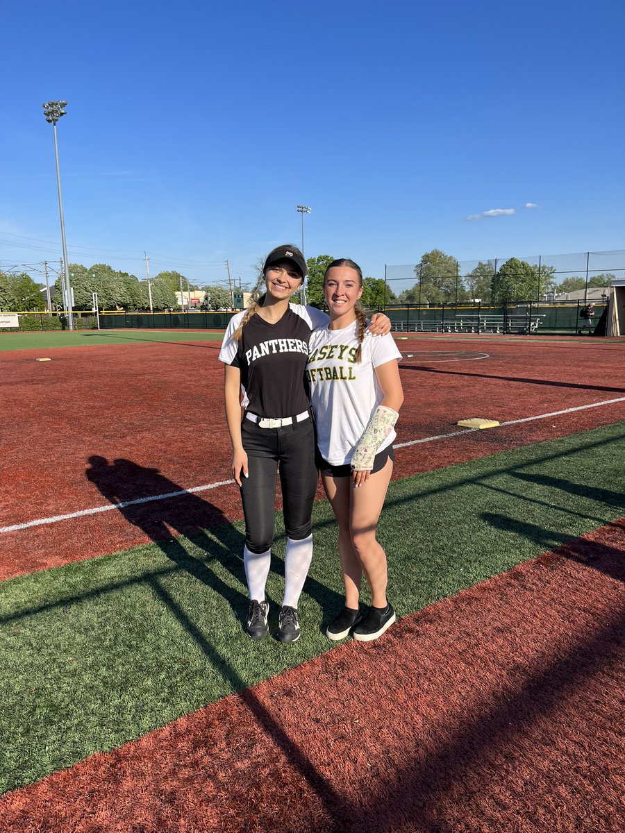 CJForceElite's tweet photo. It’s fun when you meet your CJ Force teammate on the opposite side during your HS season! 
Julia plays for Point Boro Panthers &amp; Morgan plays for the Redbank Catholic Casey’s…on Monday May 8 they met for business on the field and then a sisterly hug afterward #softballsisters https://t.co/CB7w5mj2P7
