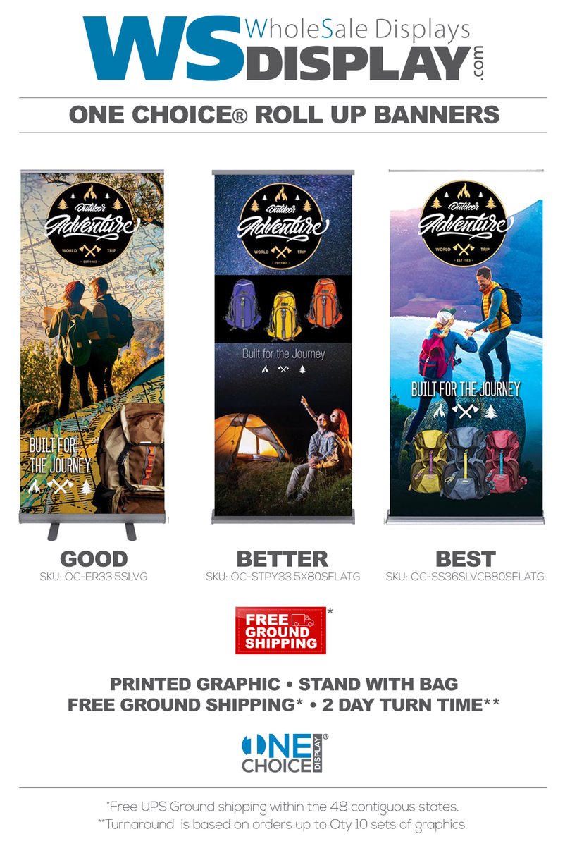 WSDisplay's tweet image. One Choice® Roll Up Banner Stands
lnkd.in/gcCrChE

#wsdisplay #onechoicedisplays #wholesaledisplays #signs #banners #largeformatprinting #displays #customsigns #custombanners  #print #tradeshowdisplays #conventions #signshop #wholesalesigns #bannersstands #rollupbanner