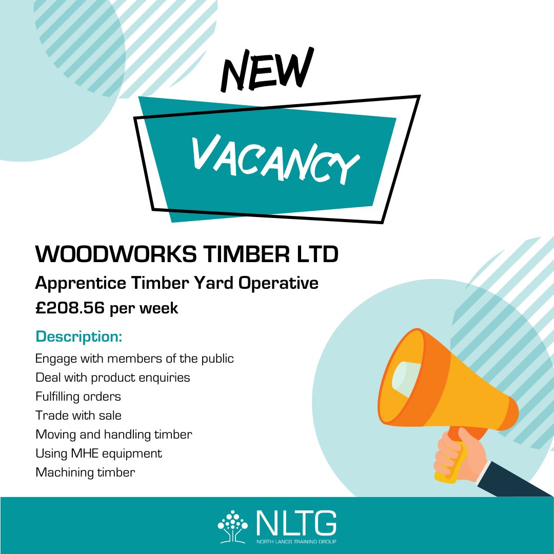 north_lancs's tweet photo. A fantastic opportunity to join Woodworks Timber LTD in #Leeds as an Apprentice Timber Yard Operative! 💥

An exciting vacancy at a fast-growing company, learn more on our website and apply online today 👇

https://t.co/J5j6XeHHZA

#Apprenticeships https://t.co/hhigIOUCie