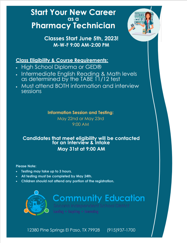 Community Education (@sisd_commed) on Twitter photo #MoveAheadWithAdultEd with <a href="/SISD_CommED/">Community Education</a>'s newest Vocational Training course. Read the details below and make plans to launch your new career as a Pharmacy Technician. Call 915-937-1700 or visit sisd.net/Domain/20 for additional information about our program and offerings. #MoveAheadWithAdultEd with <a href="/SISD_CommED/">Community Education</a>'s newest Vocational Training course. Read the details below and make plans to launch your new career as a Pharmacy Technician. Call 915-937-1700 or visit sisd.net/Domain/20 for additional information about our program and offerings.