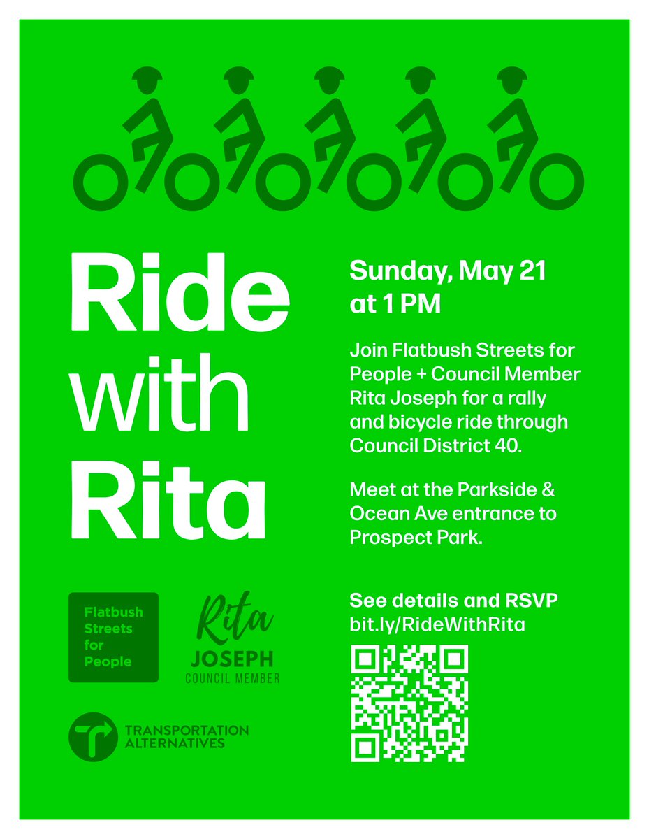 FlatbushSts4Ppl's tweet photo. Join us on Sunday, May 21 for a rally and bicycle ride through Council District 40 with @RitaJosephNYC! 🚴‍♀️

RSVP here: https://t.co/CplS4LpbRU https://t.co/bio2SJll3h
