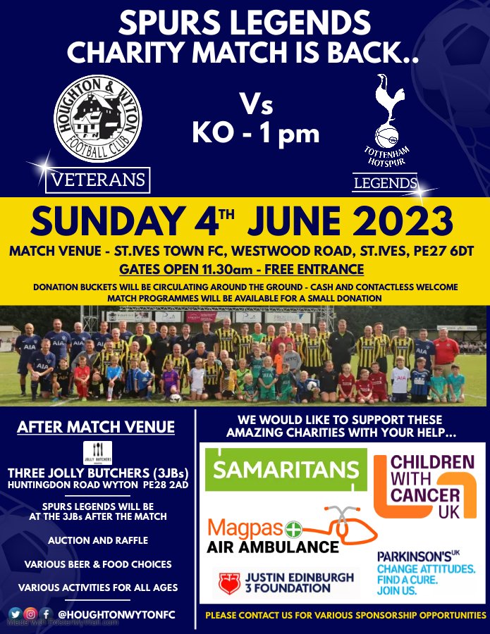 Houghton &amp; Wyton FC VETs are delighted to announce the return of the CHARITY MATCH fixture...
 
HWFC VETs -Vs- SPURS LEGENDS

This is all in aid of great causes, see the poster for more details.  
#HWFCVETS #SPURS  <a href="/HuntsFA/">Huntingdonshire FA</a> <a href="/huntspostsport/">Hunts Post Sport</a> <a href="/squeezefootball/">Squeeze</a>
@SatSportUK <a href="/on_tabs/">keep tabs on local football</a>