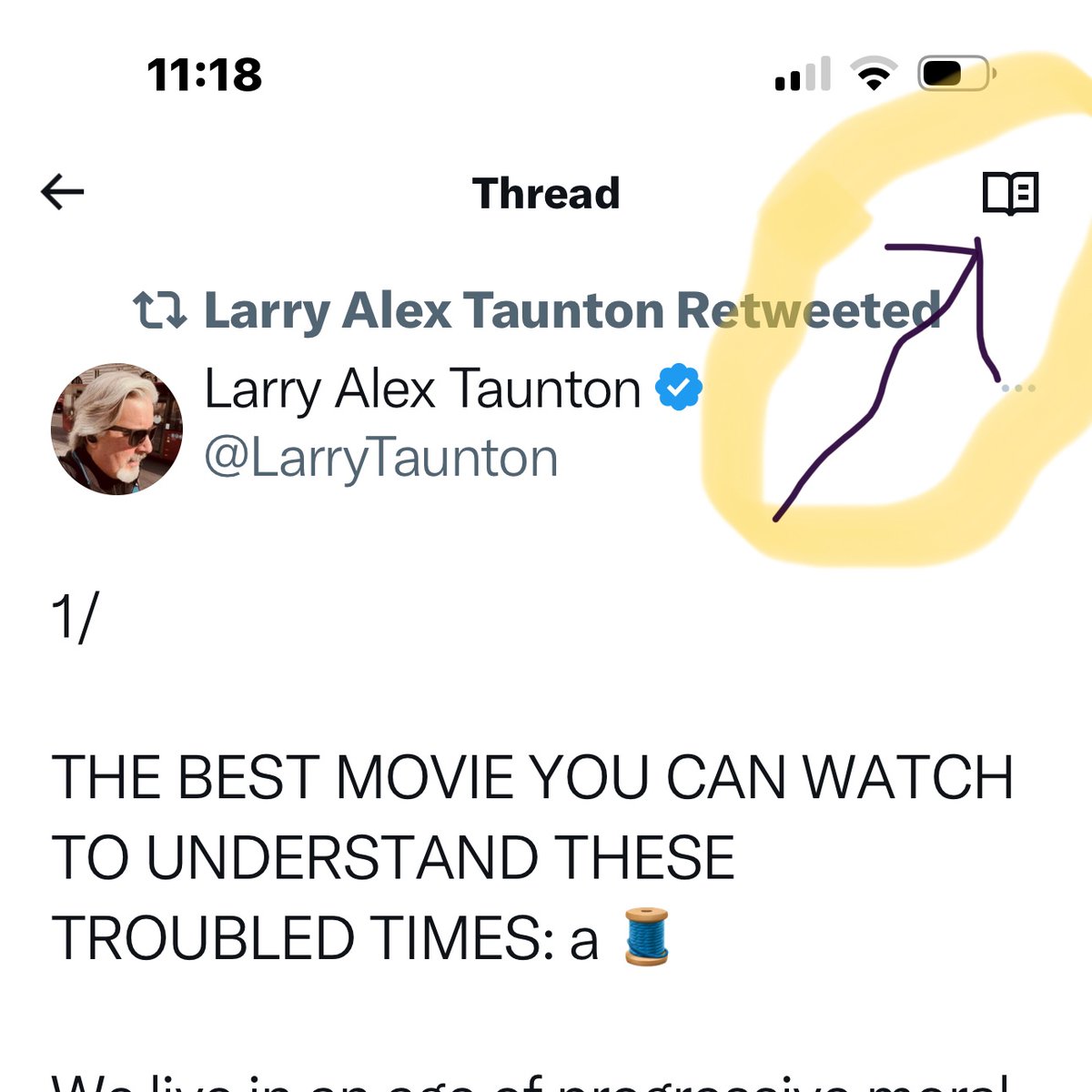 mattwruff's tweet photo. @LarryTaunton @megbasham and others have been doing these @Twitter #threads. They're very hard to read on a computer, but on the phone there easy if you press the button in the top right (see photo) #TechTipOfTheDay https://t.co/aCkQVhCzpA