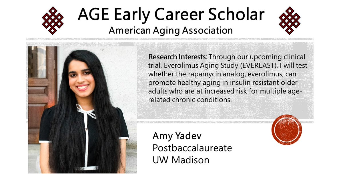 Introducing Amy Yadev as one of our 2023 AGE Early Career Scholars! Amy is a postbaccalaureate researcher at @UWMadison. Her research focus is testing rapalogs in insulin-resistant older adults. #AGEScholars #AGETC