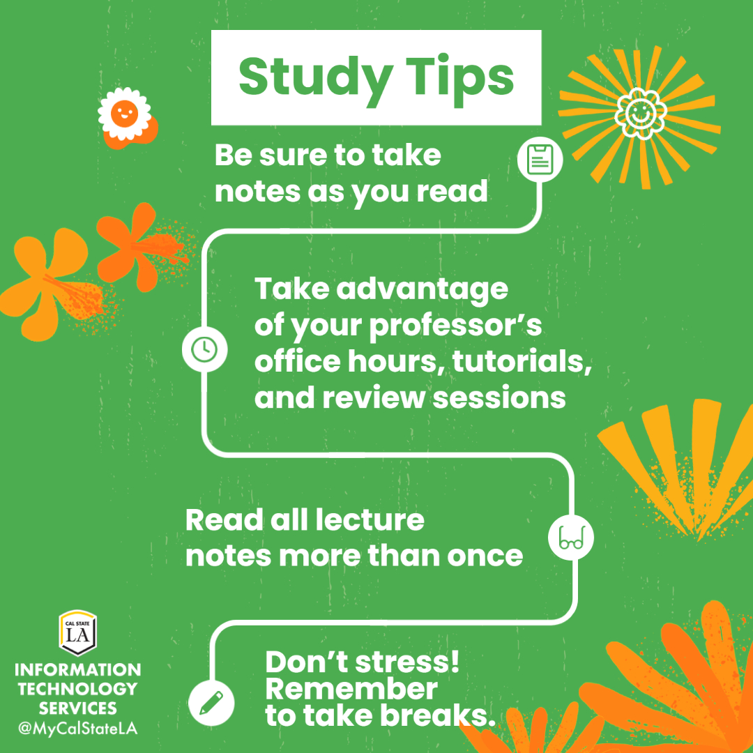 MyCalStateLA's tweet photo. Good luck with finals Golden Eagles! Here are some tips to help you during your studies! #MyCalStateLA #CalStateLA_ITS https://t.co/tZXKb1gSHi