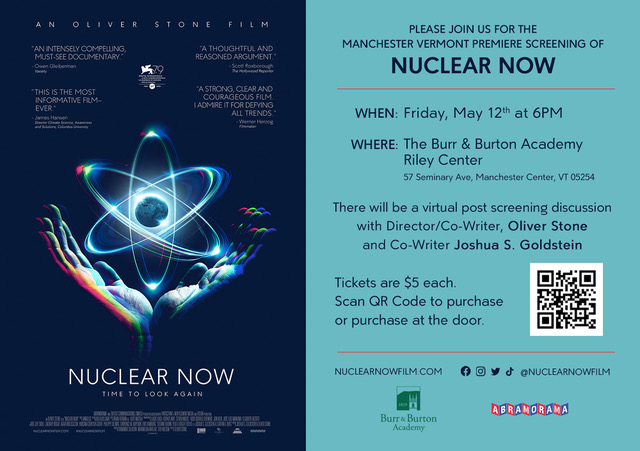 MANCHESTER, VERMONT will premiere #NuclearNowFilm this Friday 5/12 @ 6PM! Join us for a special screening at @BurrBurton followed by an insightful virtual discussion with director @TheOliverStone and co-writer @GoldsteinJoshua. Get your tickets now: nuclearnowfilm.com/watch