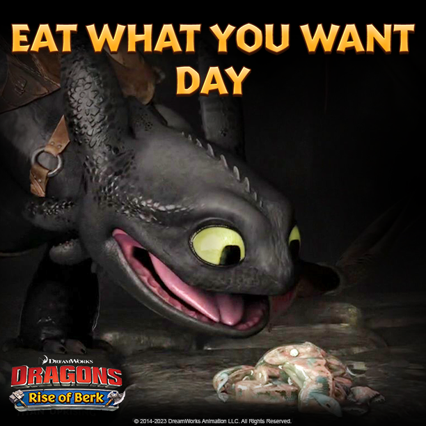 RiseOfBerk's tweet image. Today is #EatWhatYouWantDay! We all know what Toothless is eating. What’s your favorite snack, Vikings? Comment below! 👇 
Claim Runes ▶ ludia.gg/230511_DR
