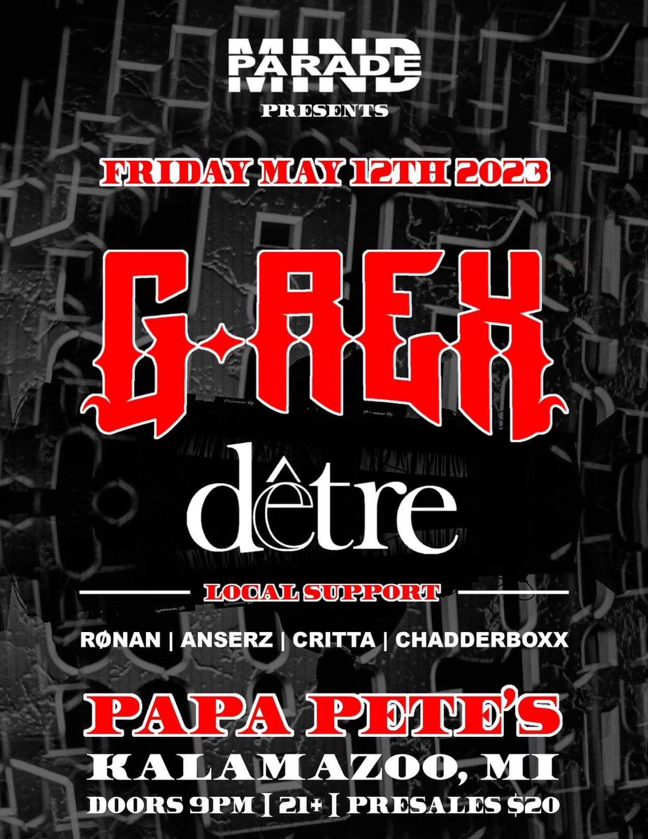 don’t forget <a href="/GREXbeatz/">G-REX ⛓️</a> will be at Papa Petes tomorrow night!!! gonna be a fun night 😎 <a href="/MindParadeEvent/">Mind Parade Events</a>
