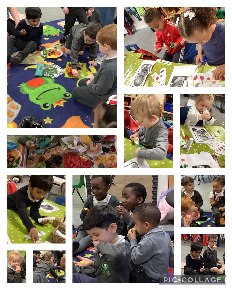 KnockhallEYFS's tweet photo. Ducklings have been enjoyed looking at fruit and vegetables this week in different ways, including making pictures in the style of Giuseppe Arcimboldo. We even tasted some fruits such as plantain, and spinach! 🍇🍉🫐🍍🥭🥝🥕🥒🌽🫑 @KnockhallEYFS @W00dlandAcademy @KnockhallSch https://t.co/ec4uCqClyz