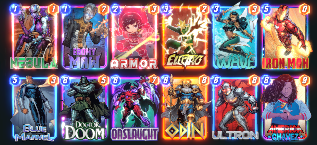 Neat Snap deck for you folks 👇

Electro Ramp but with a twist! Massive ongoing Power with Blue Marvel, Iron Man and Onslaught ⚡️

Combos:
Electro/Wave -> 5 Cost -> Onslaught -> Ultron/Doom

Electro/Wave -> 5 Cost -> Doom -> Odin

Enchantress is spooky, otherwise deck is nuts!