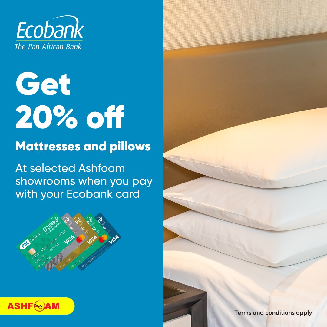 EcobankGhanaPLC's tweet photo. Upgrade your sleep experience with #Ecobank and #Ashfoam! Get a 20% discount on mattresses and pillows at selected Ashfoam shops when you pay with your Ecobank card. Visit Ashfoam shops today and pay with your Ecobank card to enjoy the discount.
#Discounts #ThePanAfricanBank https://t.co/iMt1CupGgH