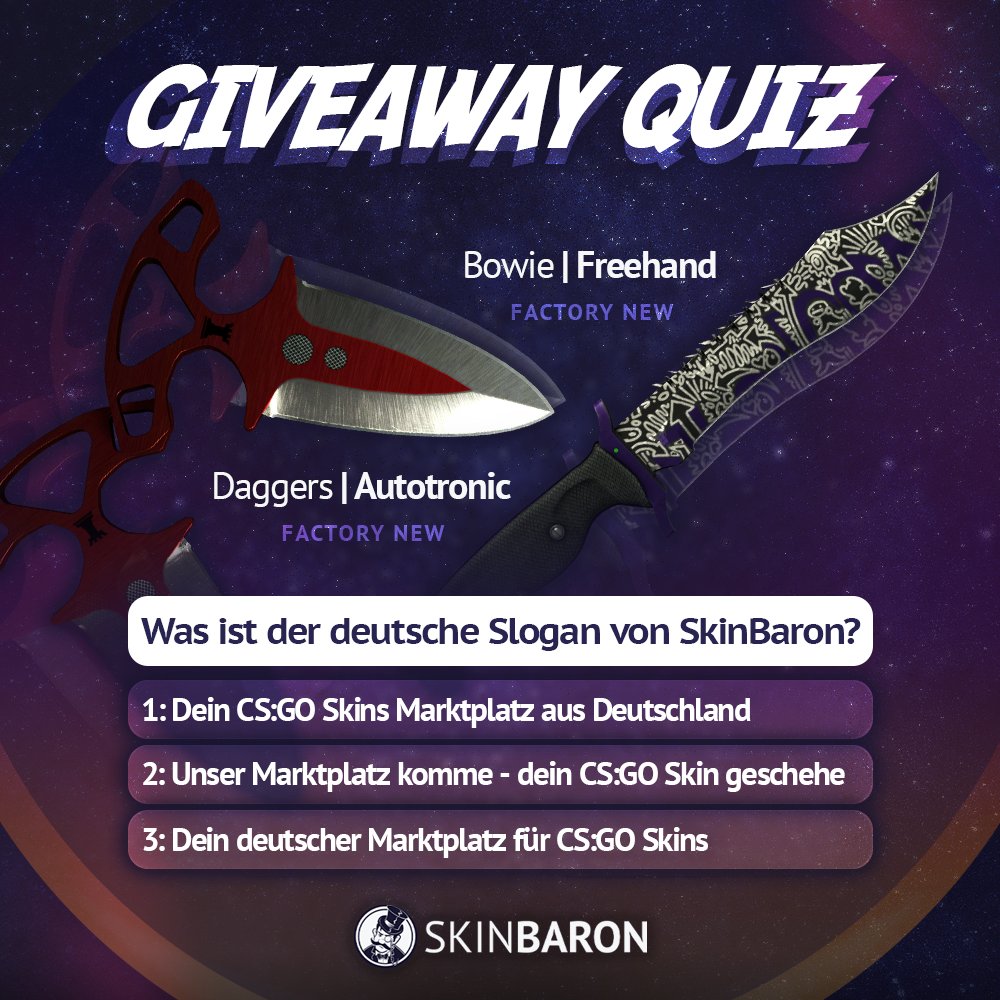 Wer kennt unseren bekannten deutschen Slogan? 🤔 
Unter allen richtigen Antworten verlosen wir zwei Knifes! 💥 

Mitmachen:
✅ Folge <a href="/SkinBaronDE/">SkinBaron.de</a> &amp; <a href="/SkinBaronEN/">SkinBaron.com</a>
✅ Retweet
✅ Kommentiere die richtige Antwort

Das Giveaway endet am 05.06.2023 ⏰