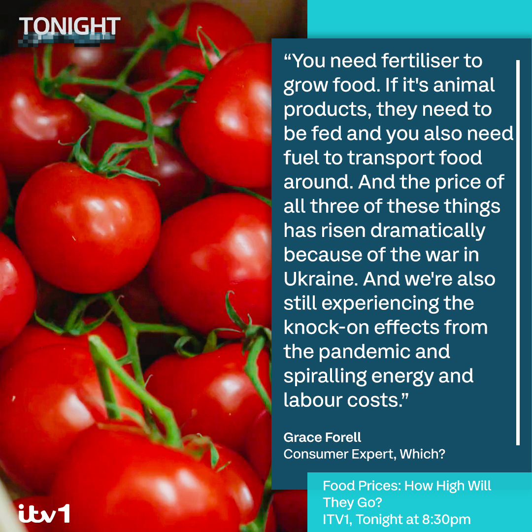 ITVTonight's tweet photo. We spoke to Grace Forell of @WhichUK,  as food prices rise at the highest rate since 1978

Food Prices: How High Will They Go? is on ITV1, tonight at 8:30pm #ITVTonight https://t.co/uLBk6XZ8cS