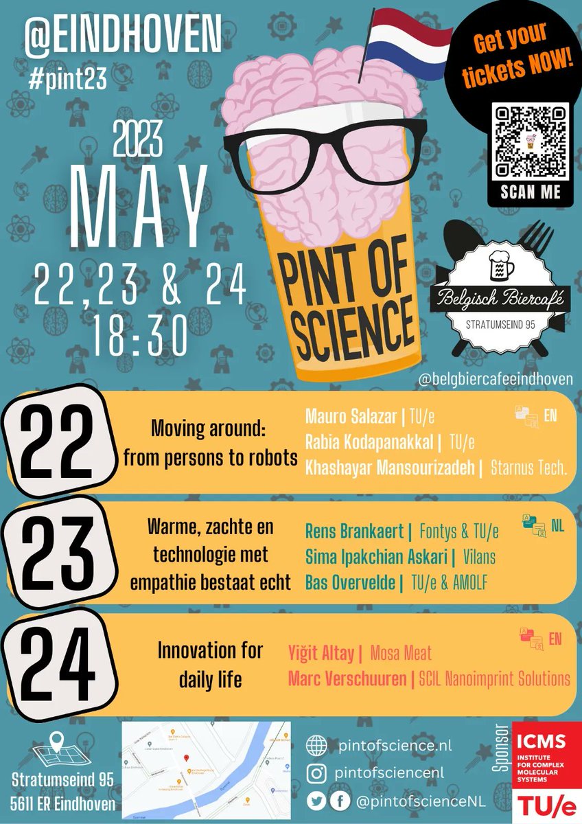 pintofscienceNL's tweet photo. 💡 Curious about meat created in labs? Or nanophotonics and its application in daily life?

😀 These topics (and more!) will be discussed at #pint23 #Eindhoven festival!

📅 May 22, 23 &amp; 24 from 18.30 - 21
📍 At Belgisch Biercafé 

Buy your ticket now ➡️ https://t.co/ejgZYvuxgQ https://t.co/7lBXVB5yk2