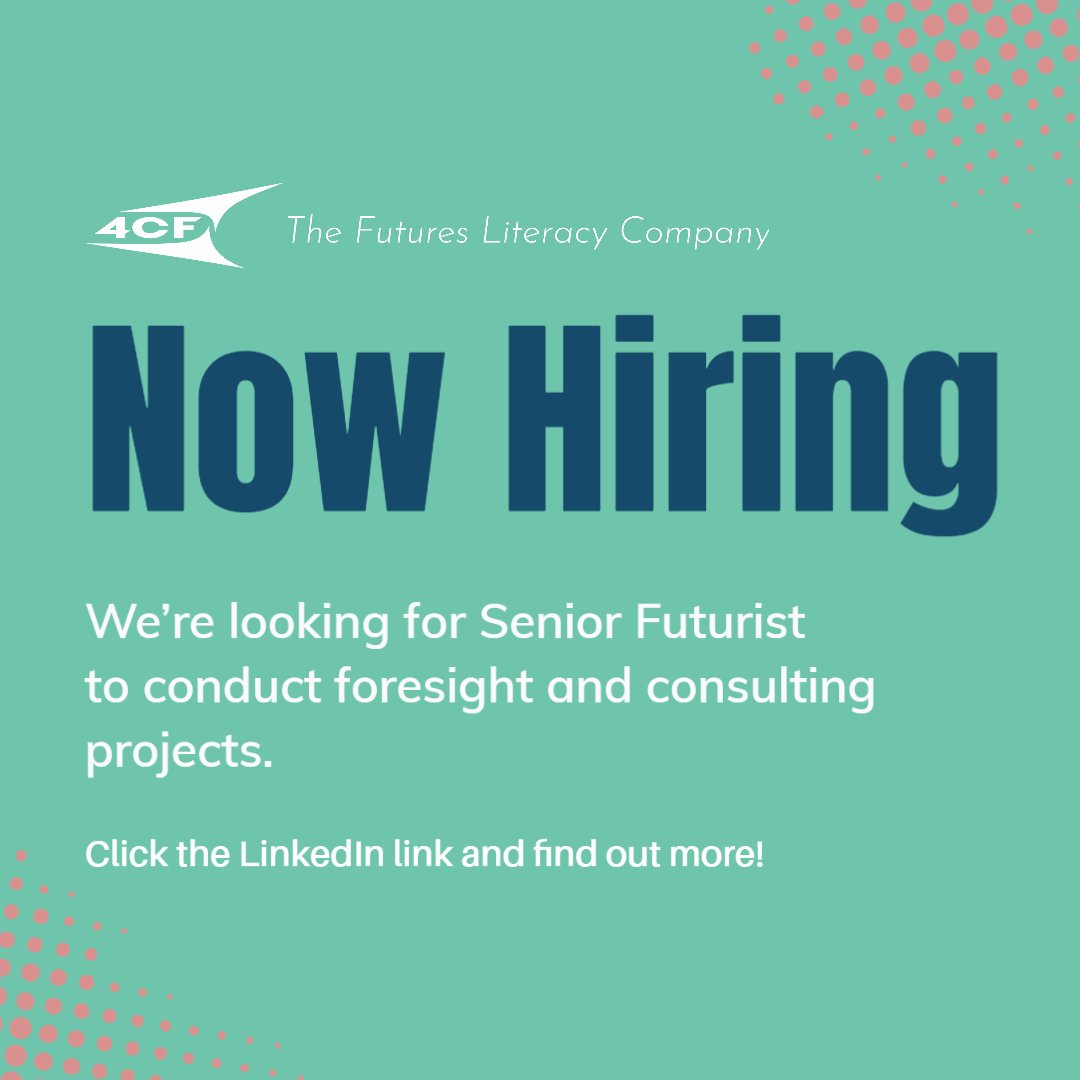 4CF_foresight's tweet photo. Join us! We're growing and we're hiring a Senior Futurist to further enrich our team! Great projects and a cool team of #futurists are waiting for you! Just click to find out more! https://t.co/TBUViUQyLA
#futures #forsight #Jobs #consulting #hire https://t.co/gOuhUW5qps