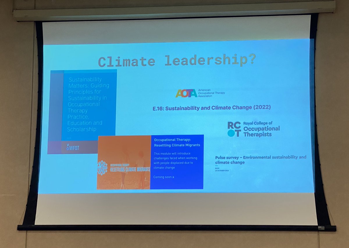 Discussing #OccupationalTherapy in the Context of Climate Change & Ecological & Human Health
 #CAOT2023 @BonifaceGio @BonifaceOTs 

#WFOT Sustainability Guiding Principles encourage us as a profession to explore our practice, education & research 

wfot.org/resources/wfot…