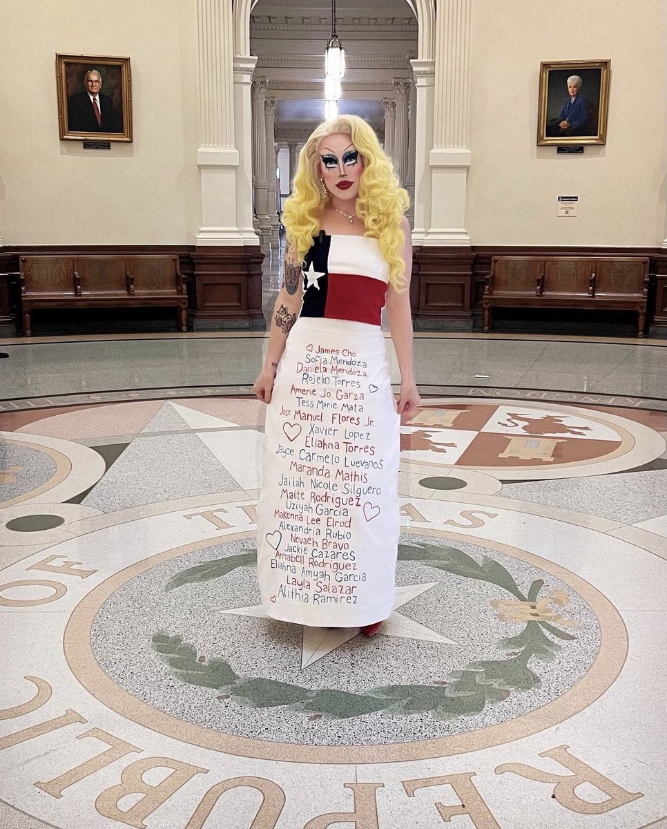 BrigitteBandit's tweet image. while wearing the names of the victims of the Uvalde and Allen shootings and after waiting 13 hours to speak, I was escorted out by police for testifying seconds over my allotted time to address the real harm that threatens TX kids: gun violence, not drag queens.