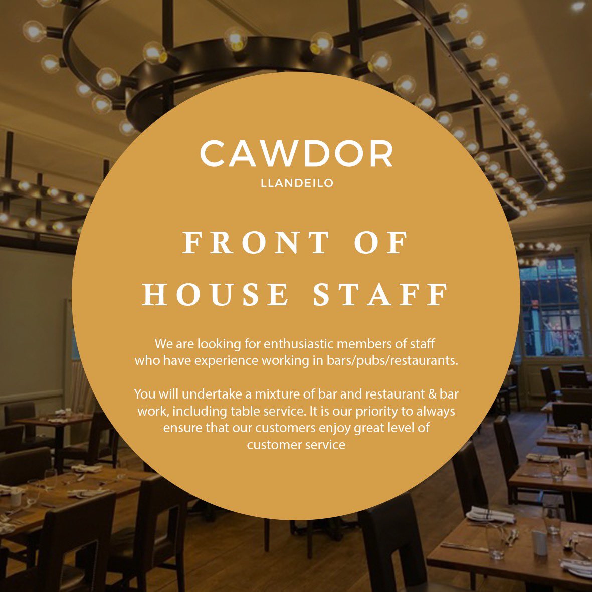 Join us and become part of the Cawdor team! 🙂 

We have a varied range of job opportunities available 

- Chef - full + part time
- Waiting staff Bar &amp; Restaurant
- Kitchen porters

For more information or if you'd like to apply, please contact us now at reception@thecawdor.com