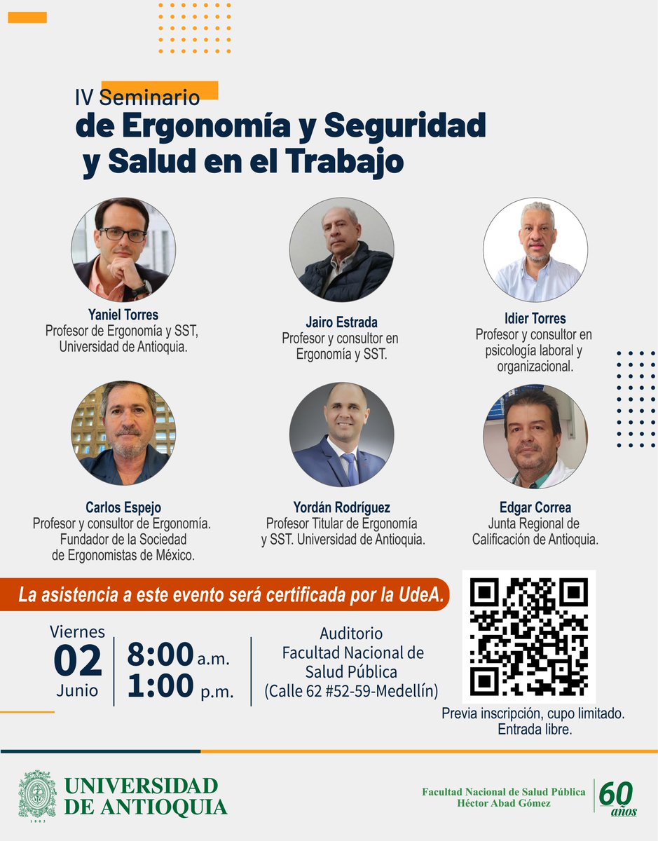 🙋Agéndate porque tendremos el 𝐈𝐕 𝐒𝐞𝐦𝐢𝐧𝐚𝐫𝐢𝐨 𝐝𝐞 𝐄𝐫𝐠𝐨𝐧𝐨𝐦𝐢́𝐚 𝐲 𝐒𝐞𝐠𝐮𝐫𝐢𝐝𝐚𝐝 𝐲 𝐒𝐚𝐥𝐮𝐝 𝐞𝐧 𝐞𝐥 𝐓𝐫𝐚𝐛𝐚𝐣𝐨. Invitados nacionales e internacionales que compartirán conocimientos en la actualización de las temáticas claves sobre #ergonomía y #SST.