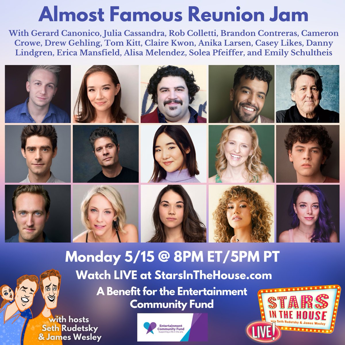 AlmostFamousBwy's tweet photo. The gang is back together, again! Join live on Monday, May 15th at 8pm ET for another edition of Stars in the House, a reunion jam with even more of the family! #almostfamousbwy https://t.co/JgedA7fluy