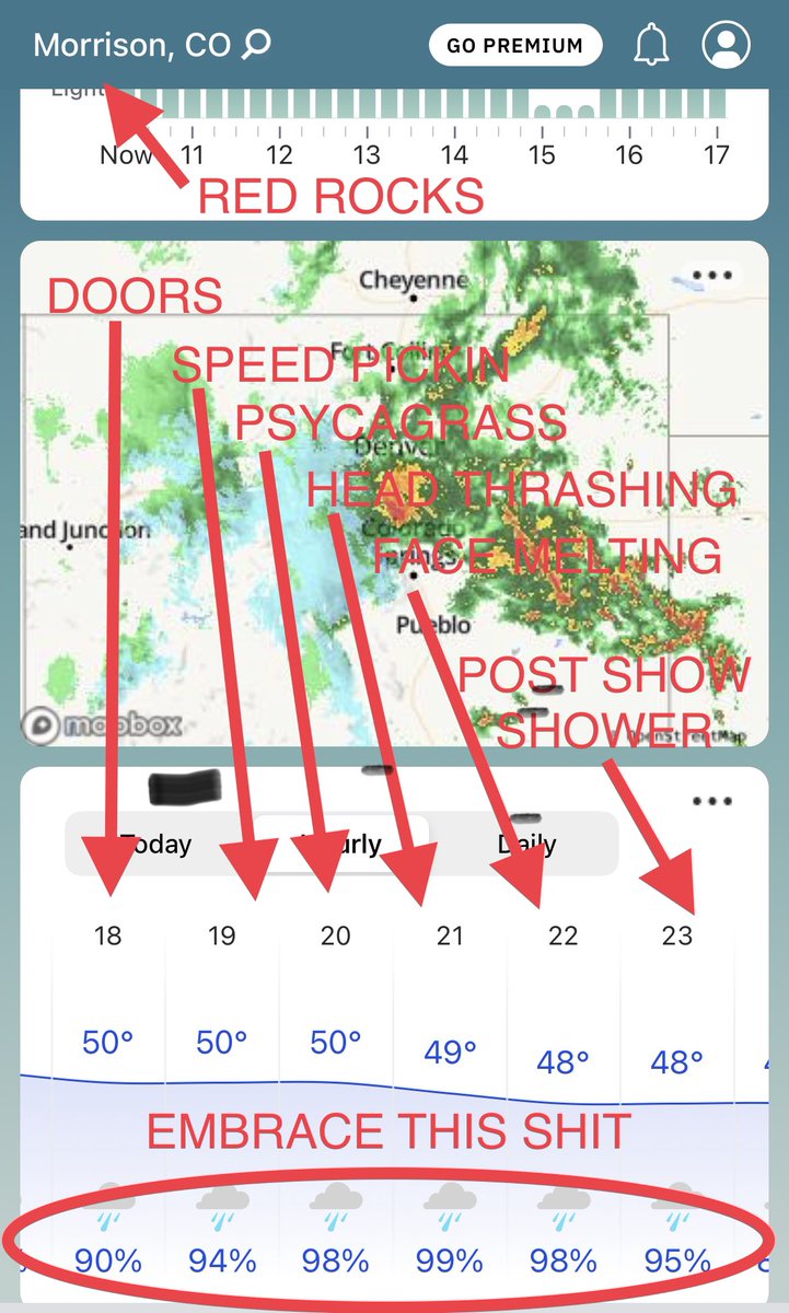PhishDicksRef's tweet photo. Tonight’s weather forecast for the @BillyStrings show at Red Rocks. https://t.co/FUzcIhZqG6