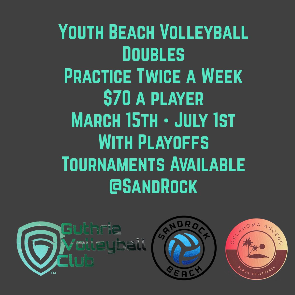 Oklahoma_Ascend's tweet photo. No excuses, let’s play some beach volleyball! Ages 12s, 14s, 16s &amp; 18s.. Two practices a week, matches on Saturday.. Can schedule matches around tournaments. #SandRockBeach  #PlaySand #BeachVolleyball

https://t.co/eVatx8e1rG https://t.co/OCJ7s1EXyV