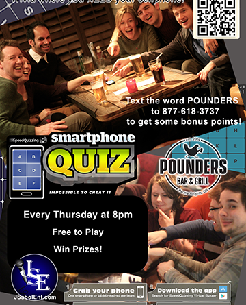 JSabolEnt's tweet photo. Get ready for a wild ride with #SpeedQuizzing at Pounders! Join us every Thursday at 8 pm for a thrilling, high-energy trivia night that's both laid-back and fiercely competitive. Experience the fastest, most exhilarating trivia event around! #JsabolEnt #TriviaThursday #FastFun https://t.co/r1bszjNmdv