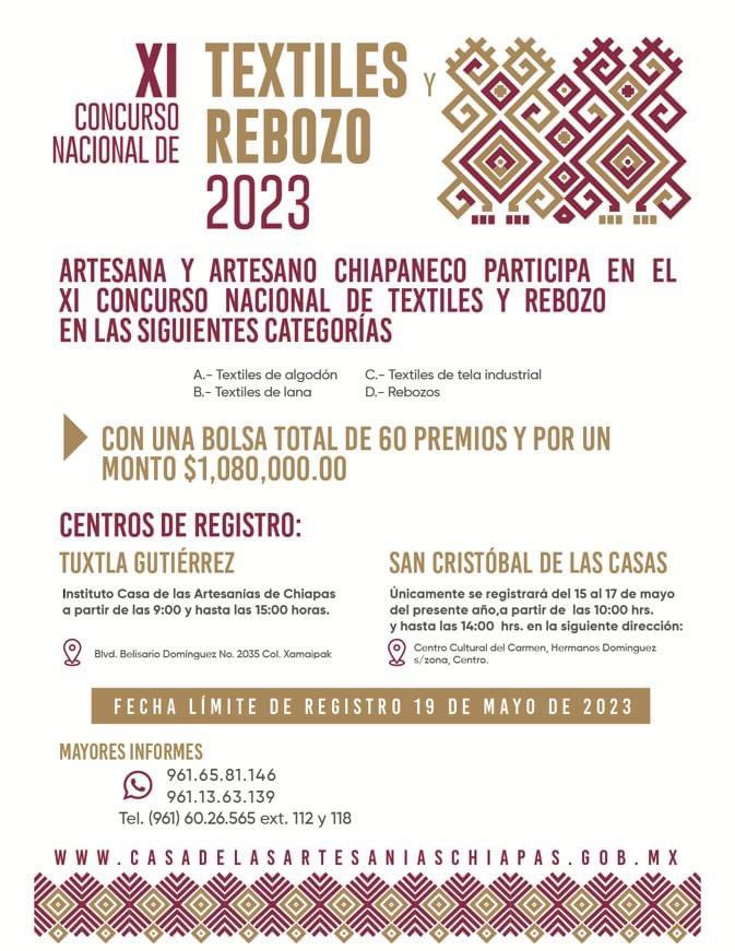 .<a href="/Artesania_Chis/">CasadeLasArtesaniasChiapas</a> invita a las artesanas y los artesanos chipanecos a participar en el XI Concurso Nacional de Textiles y Rebozo 2023. 

Quedan pocos días para registrar sus piezas en este Certamen Nacional #ChiapasSede #Textiles #Chiapas #ConcursosNacionales #Icadech