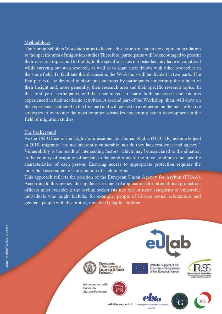 EULabFedericoII's tweet photo. 📢 Call for Insights: 2023 Young Scholar Workshop

🇪🇺 Topic: Vulnerability of labour migrants

🔴 Participation is free!

⏳10 June
🔎Info: https://t.co/ql7EFLEdON https://t.co/bbQkMJaxUD