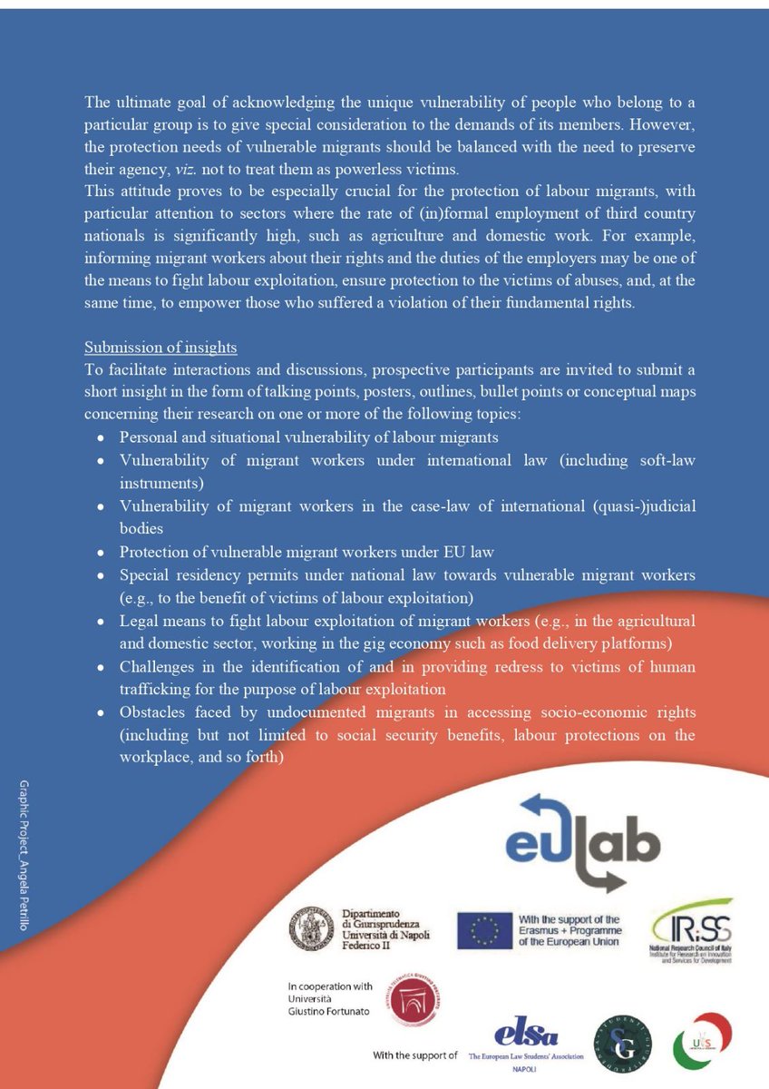 EULabFedericoII's tweet photo. 📢 Call for Insights: 2023 Young Scholar Workshop

🇪🇺 Topic: Vulnerability of labour migrants

🔴 Participation is free!

⏳10 June
🔎Info: https://t.co/ql7EFLEdON https://t.co/bbQkMJaxUD