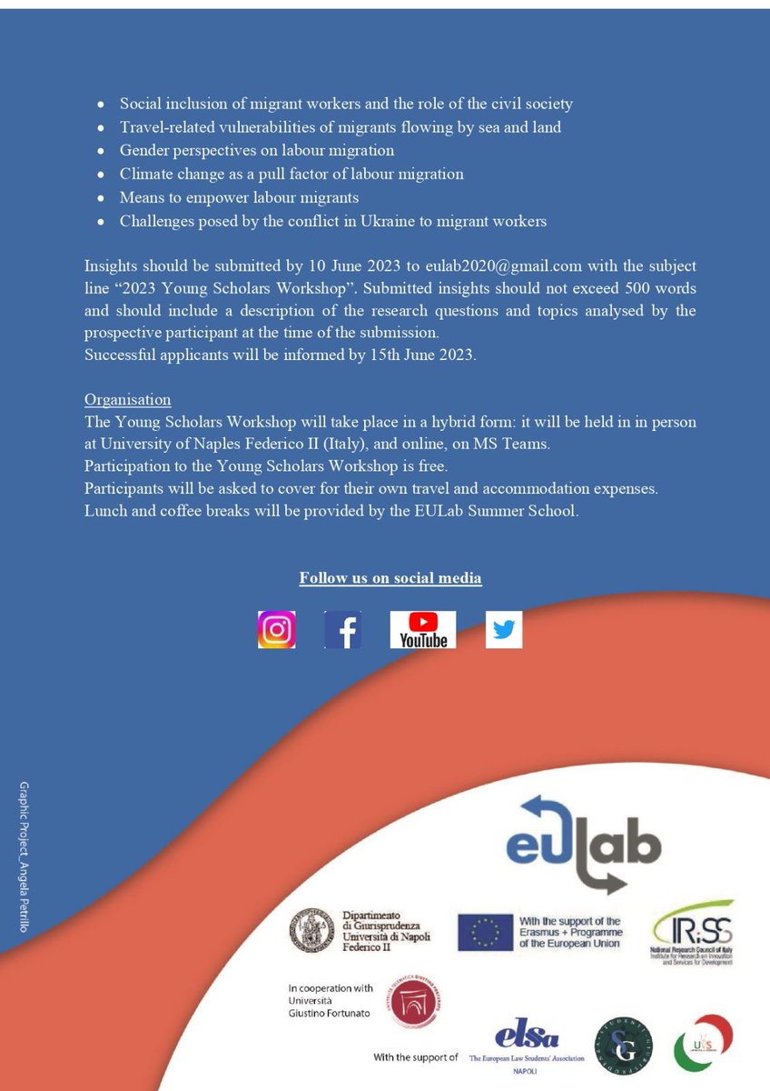 EULabFedericoII's tweet photo. 📢 Call for Insights: 2023 Young Scholar Workshop

🇪🇺 Topic: Vulnerability of labour migrants

🔴 Participation is free!

⏳10 June
🔎Info: https://t.co/ql7EFLEdON https://t.co/bbQkMJaxUD