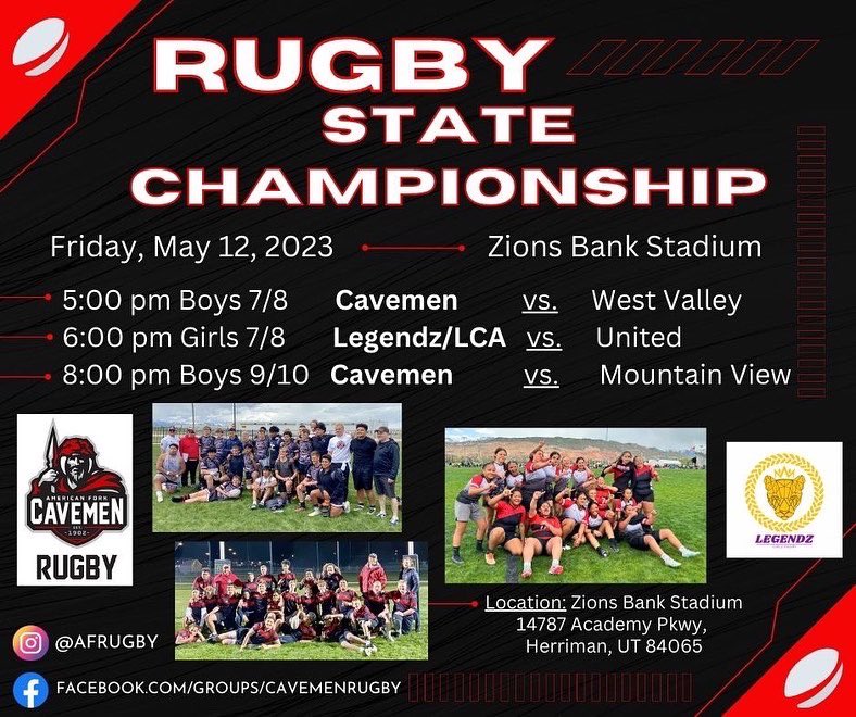 Come support our Cavemen Rugby teams competing in the Utah Youth Rugby State Championship this Friday at Zions Bank Stadium ($10 entry fee). instagram.com/afrugby/ facebook.com/groups/cavemen…
